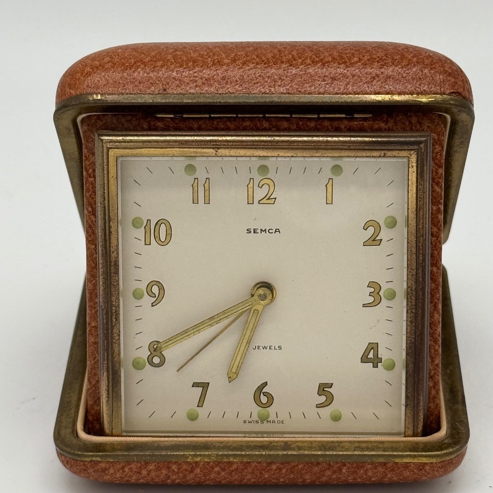 Vintage Semca Travel Alarm Clock 7 Jewels Swiss Made Mechanical Wind Up Works